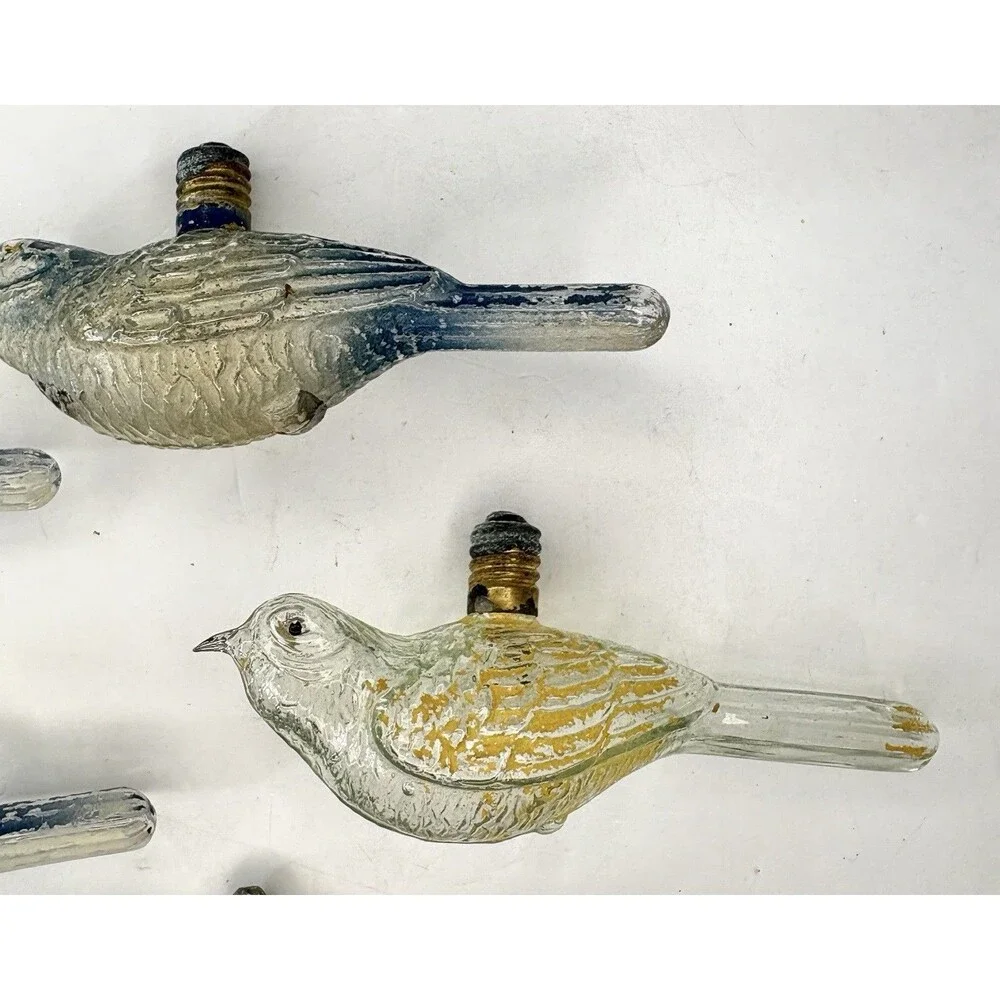 Bird Light Bulb Ornament Clear Glass Painted Blue Old• 5 Pc • Christmas Vintage